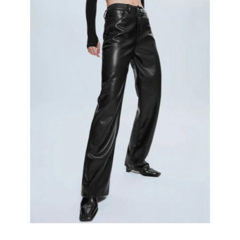 Commense Black Straight Leather Faux Leg Pants